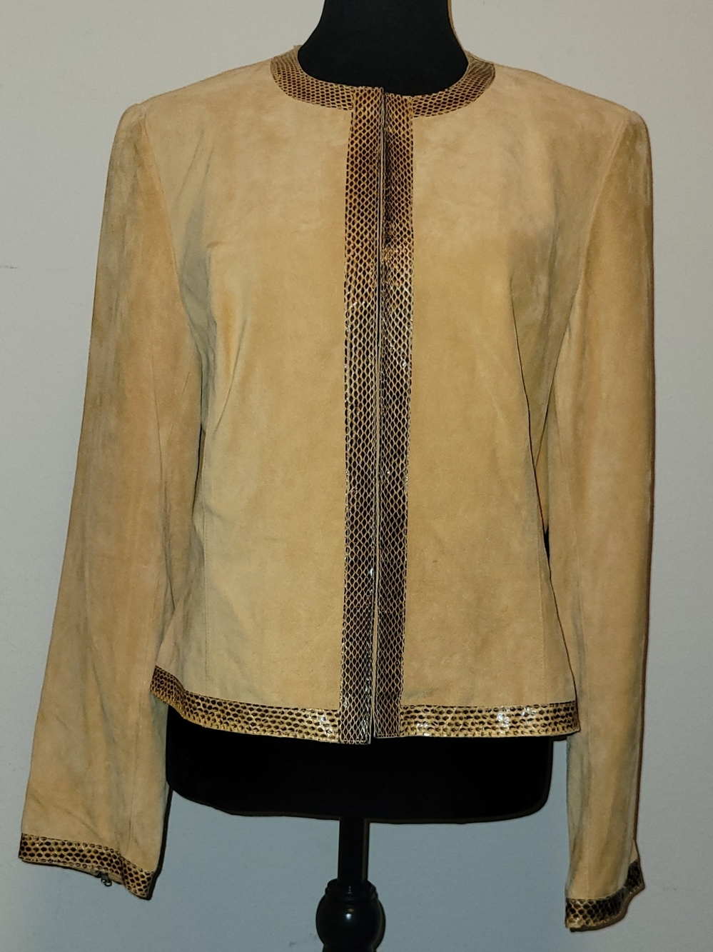 Anne Klein Light Beige Suede Jacket with Snake-Trim